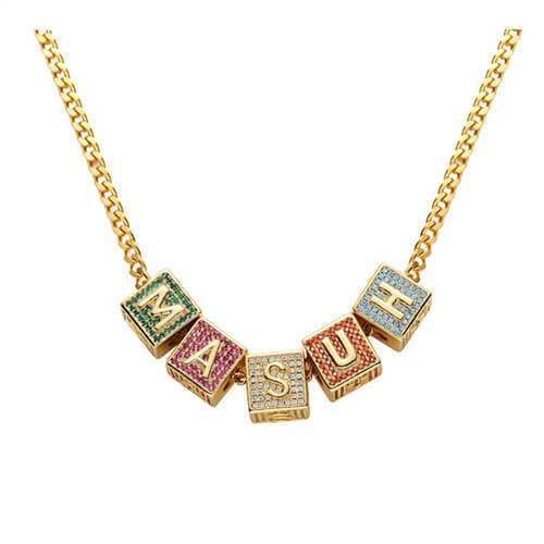 Personalized initial jewelry manufacturers custom box chain color stone cube name necklace wholesale suppliers